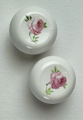 Vintage Porcelain White w/handpainted Rose w/Gold accents. Mushroom style pulls. - Image 1 of 4