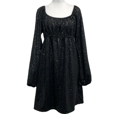 Betsey Johnson Vintage 90s Black Sequin Empire Waist Babydoll Mini Dress sz L - Image 1 of 4