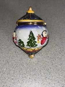 Vintage Limoges Trinket Box Christmas Ornament Snowman Trees Hinged Lid - Picture 1 of 6