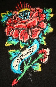 ED HARDY Christian Audigier WOMEN TATTOO T-SHIRT Black Embroidered Flower NEW XS - Picture 1 of 5