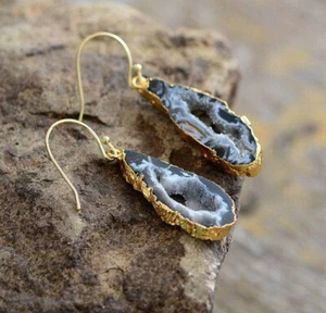 Druzy Agate Women Slab Dangle Black Healing Reiki Earrings Jewelry - Picture 1 of 4