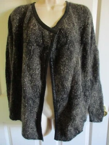 Gr. PM Eileen Fisher Mohair Melange Leder schwarz Borte Winkel Vorderjacke $ 398 - Bild 1 von 5