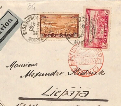 France Cols MOROCCO German Air Mail Casablanca 1934 Berlin LATVIA Liepaja ZF90 - Image 1 of 4