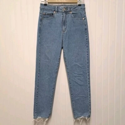 Jeans feminino Garage Mom 5/27 azul stretch jeans cintura alta corte bainhas desgastadas - Imagem 1 de 4