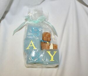 Boy or Girl Baby Blocks Candle Pink Blue Teddy Bear Baby Bottle 3.5" Cake Topper