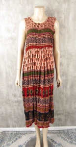 Vintage Indian Block Print Cotton Gauze Smocked Sleeveless Sun Dress Paisley L - Picture 1 of 5