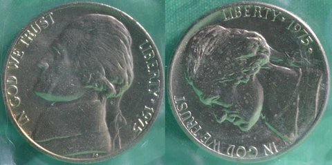 1975 P and D Jefferson Nickels 2 Coin UNC Cellos from US Mint Set Five-Cent Cover