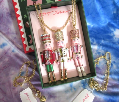 BETSEY JOHNSON Nutcracker Trio Long Pendant Necklace RED PINK WHITE LOT 3 NEW - Image 1 of 4