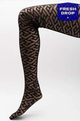 PVP €262 Medias de Tul Versace Talla M Negro Patrón La Greca Logo Bordado Foto 1 de 4