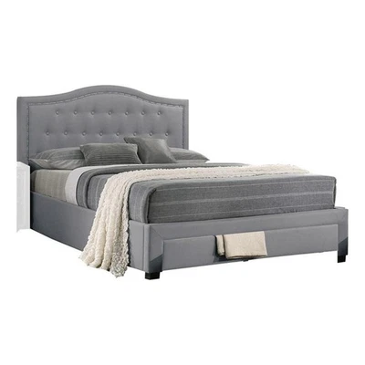 Cama King Sey California con Cajón de Almacenamiento - Tapicería de Arpillera Gris Claro Foto 1 de 4