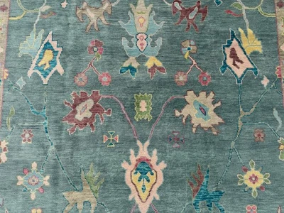 9x12 COLORFUL OUSHAK RUG BLUE HANDMADE handwoven oriental modern pink green big - Image 1 of 4