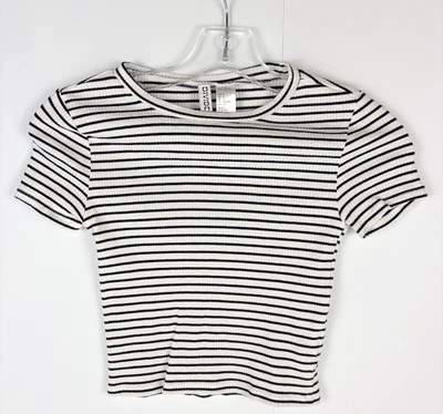 Camiseta H&M Dividida Negra Blanca Acanalada Rayas Manga Corta Talla S Algodón Elástico Foto 1 de 4