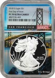 W Silver Eagle NGC PR 70 2006 Ultra camafeo primer día de emisión, etiqueta Bay Bridge - Imagen 1 de 4