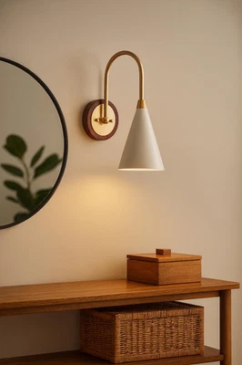 Enamel Shade Brass Wall Sconce: Mid-Century Modern Wood Canopy - Image 1 of 4