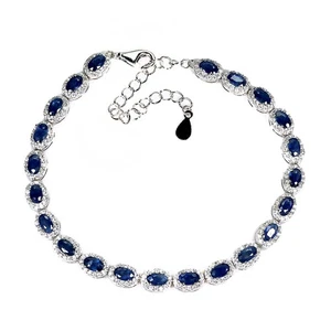 925 Sterling Silver Bracelet Oval Blue Sapphire 5x3mm Gemstone Jewelry 8inches - Picture 1 of 14