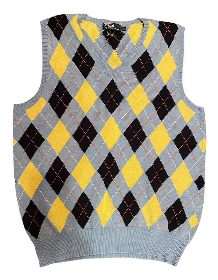 Polo Ralph Lauren Hombre Grande Alto Argyle Suéter Chaleco Azul y Amarillo Cachemira Foto 1 de 4