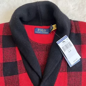 NWT Polo Ralph Lauren Mens M Buffalo Plaid Cardigan Sweater Red Black 100% Wool - Picture 1 of 12