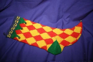 Knit Christmas Stocking Bells Lined Vintage 19" harliquin - Picture 1 of 3