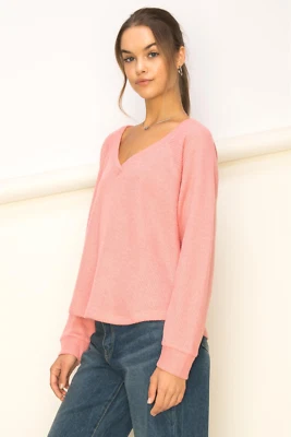 Double Zero Women's V-Neck Waffle Knit Fleece Lined Long Sleeve Top in Pink - Image 1 of 4