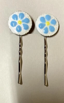Bobby Pin set -GUILLOCHE ENAMEL BLUE FLOWER  ACCENT- RHODIUM PLATE - Image 1 of 4