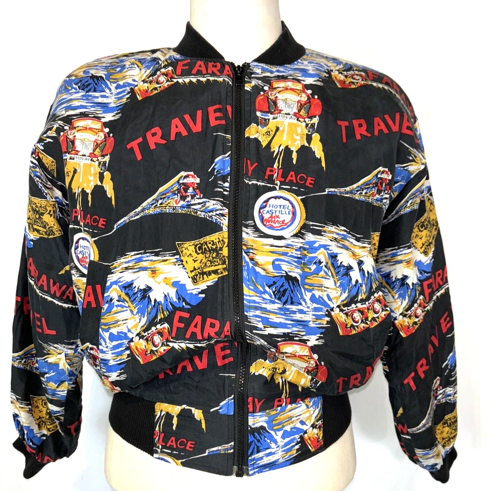 Chaqueta Bomber De Colección Carol Horn Taller Estampado Temático de Viaje Colores Seda Pura Talla S Foto 1 de 4