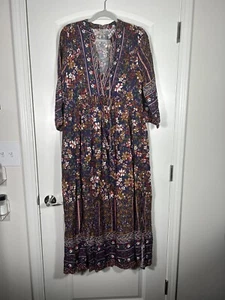 JODIFL Womens M Blue Floral Print 3/4 Sleeves Cottagecore Boho Maxi Dress Sz S - Picture 1 of 5