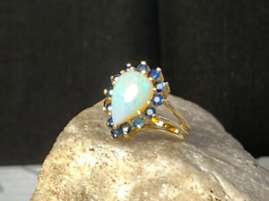 14K Yellow Gold Ring 4.61g Fine Jewelry Size 6.75 Pear Opal & Round Blue Stones