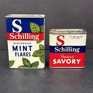 Menge 2 Vintage Schilling McCormick leere Dosen herzhafte Minze Flocken Dekor Bauernhof - Bild 1 von 13