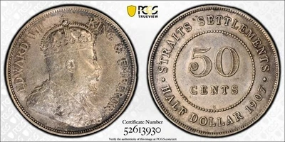 1907-H Straits Settlements 50 Cents PCGS AU55 Lot#G922 Silver! - Image 1 of 4
