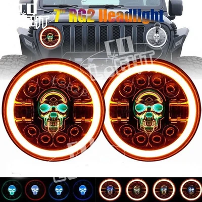 2x For Jeep Wrangler JK LJ TJ CJ 7” inch Round LED Headlights RGB Skull Halo DRL - Image 1 of 4