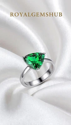 925 Sterling Silver Diamond Ring Trillion Cut Green 2 Ct Lab Grown Royalgemshub - Image 1 of 4