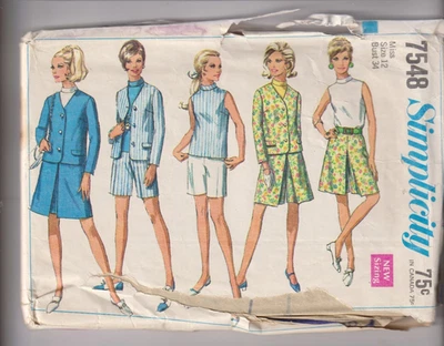 7548 SIMPLICITY c.1968 - BLOUSE JACKET SHORTS SKIRT SKORT - Sz 12 B 34" - Image 1 of 2