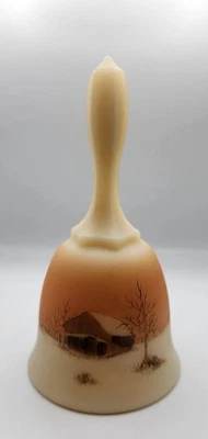 Fenton Bell Custard Satin Glass Hand Painted Cabin Woods Signed Gloria Finn 6.5" - Изображение 1 из 4