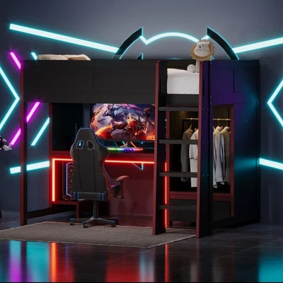 Wood Full Size Gaming Loft Bed with Built-in Desk, Wardrobe, LED and a Drawer, - Image 1 of 4