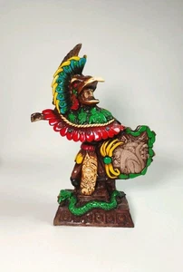Azteken Stammesadler Krieger Statue mit Jaguar Schild 17" Harz und Ton Volkskunst - Bild 1 von 17