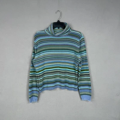 Sigrid Olsen Sweater Womens Large Blue Green Stripe Silk Cotton Turtleneck - Image 1 of 4
