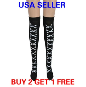 Halloween Costume Thigh High Hot Sexy Sheer Silk Stockings Hold Black X bones - Picture 1 of 1