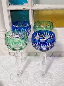 EMERALD GREEN/ SAPPHIRE BLUE CASED CUT TO CLEAR CRYSTAL GOBLET SET Of 4 STUNNING - Picture 1 of 12