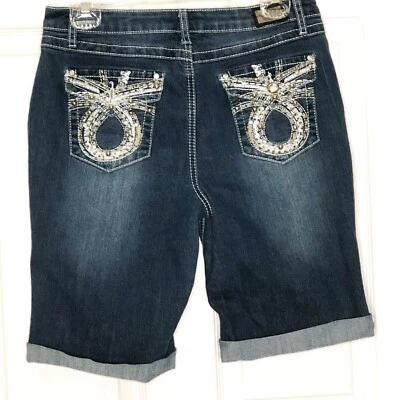 Earl Jean Shorts Bling Embroidered Whiskered Mid Rise Roll Cuff sz 10 blue - Image 1 of 4