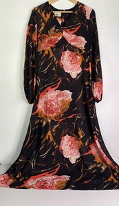 Vintage Noble Frocks Sydney Dress Women M Black Pink Floral Long Sleeve Maxi - Picture 1 of 21