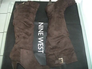 NINE WEST TARRAHOL1 FAUX SUEDE KNEE-HIGH BOOTS WITH GOLD BUCKLE SIZE 8.5 BROWN - Picture 1 of 8