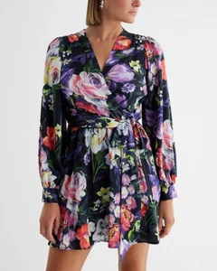 Floral V-Neck Long Sleeve Tie Waist Mini Dress Size Large NEW - Picture 1 of 15