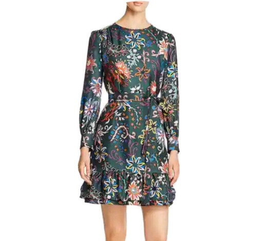 Abito Tory Burch Shift taglia 8 twill di seta nero montagna floreale orlo con volant $548