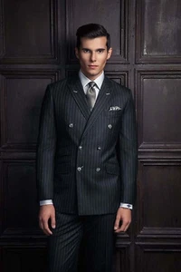 Hombres Trajes a Rayas Negras Diseñador Boda Novios Cena Fiesta Trajes (Abrigo + Pantalones) - Imagen 1 de 3