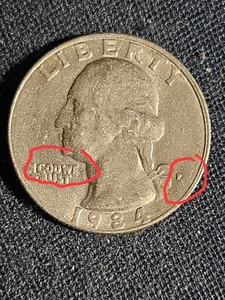 1984 P Quarter Errors Off Center, Filled In "P", Missing Letters In God We Trust - Picture 1 of 6
