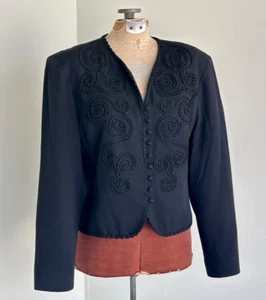 Tina Hagen Black Collarless Blazer Vintage Short Soutache Toggle Closure Blazer - Picture 1 of 9