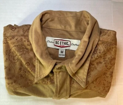 BC Ethic Shirt Mens Medium Brown Western Polyester Button Up Pearl Snaps Cowboy - Image 1 of 4
