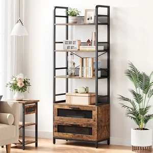 4 Tiers Open Storage Bookshelf w/2 Drawers for Bedroom & Living Room Brown - Picture 1 of 9