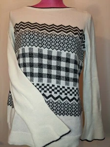 Talbots Flare Sleeve Fair Isle Wool Blend Sweater Cream/Black Size Medium - Picture 1 of 3