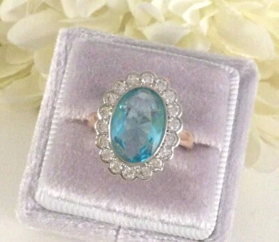 Винтажные ювелирные изделия золотое кольцо аквамарин и белые сапфиры антикварная бижутерия деко  - Изображение 1 из 4